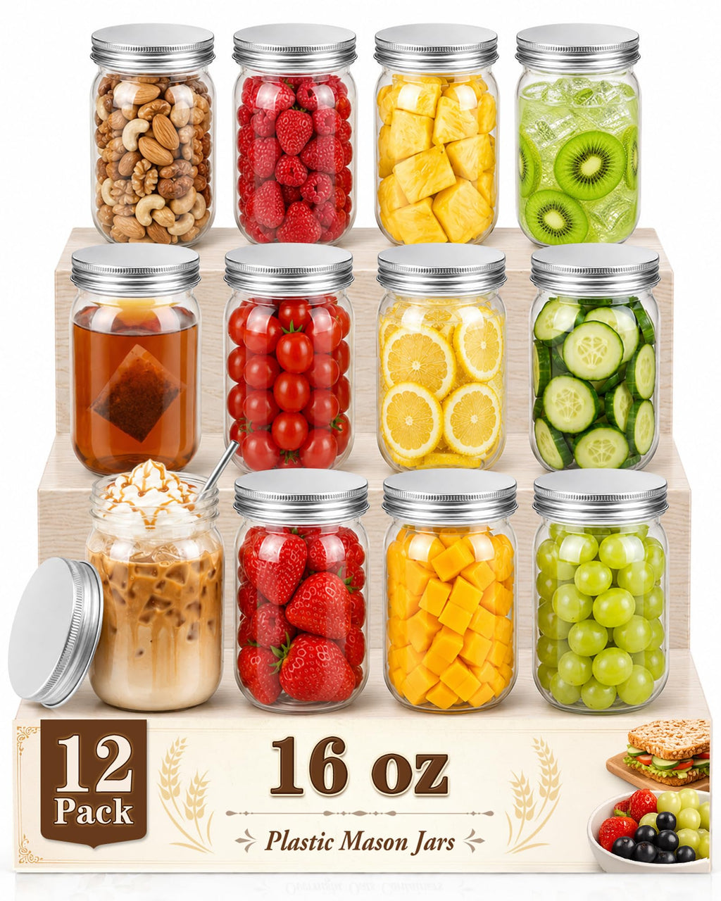 12 Pack 16 oz Clear Plastic Mason Jars with Lids V506733
