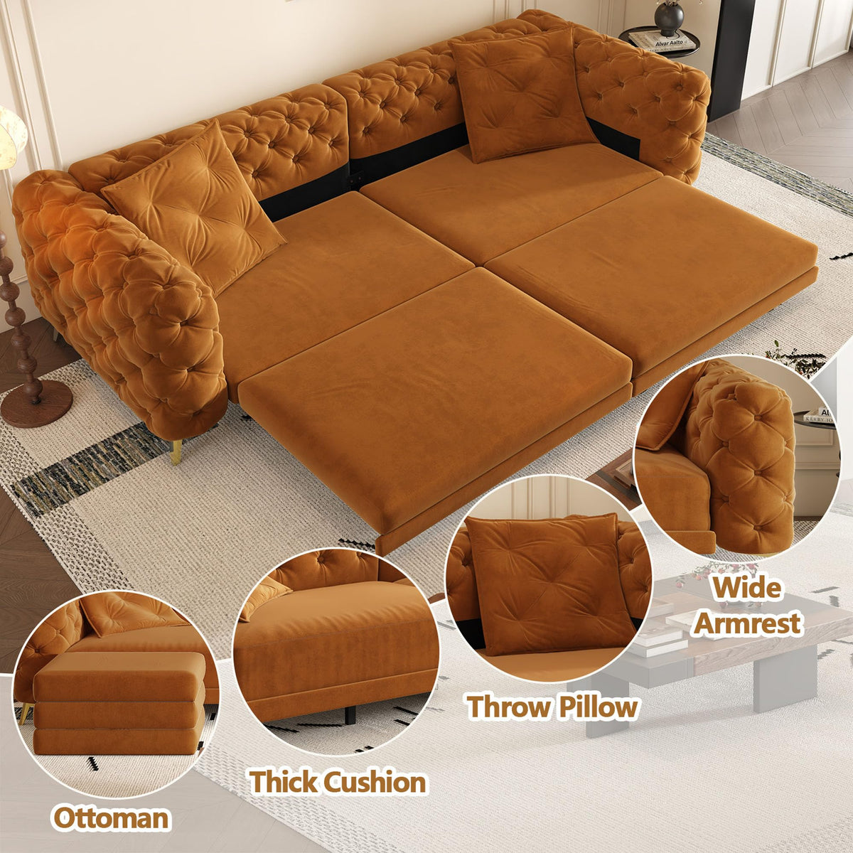 Velvet Convertible Sofa Bed with Ottomans L701