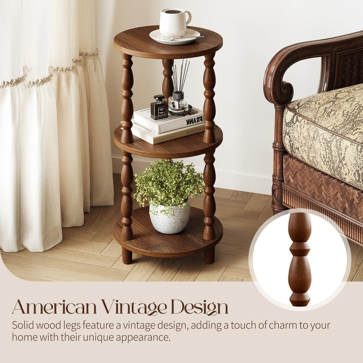 Small Round 3-Tier Wood Side Table with Storage Shelf A68728