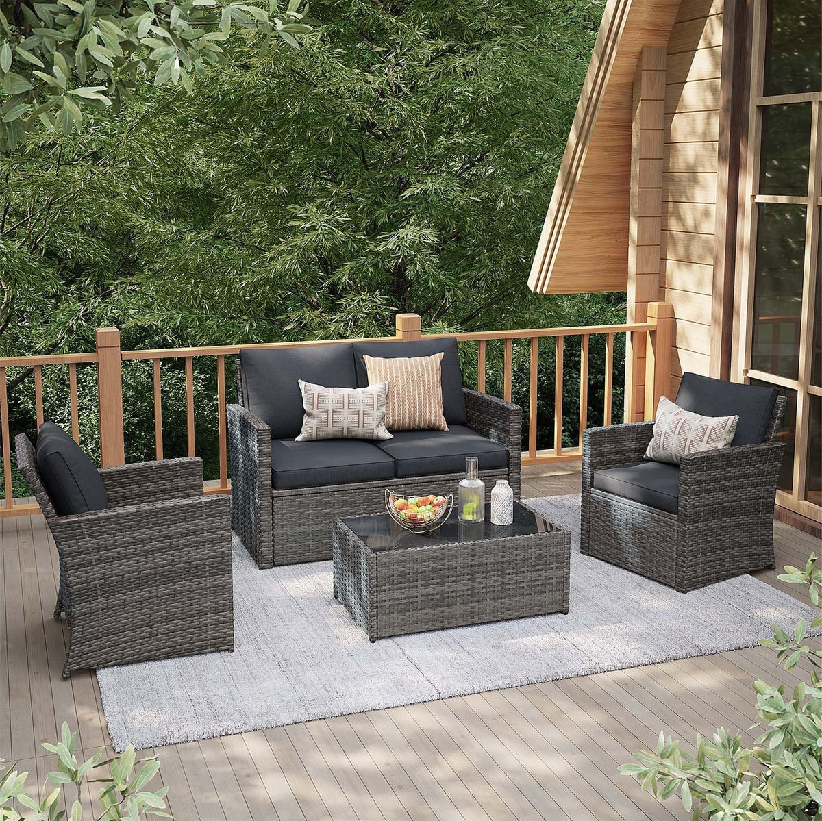 4 Piece Dark Gray Wicker Patio Furniture Set H82901
