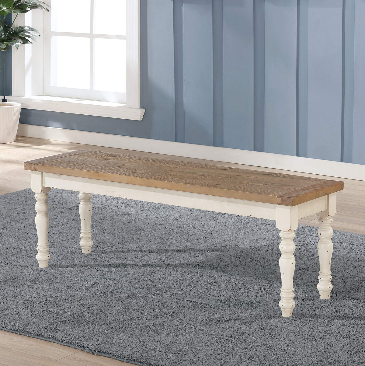 Antique White Two-Tone Oak Wood Dining Bench I7692