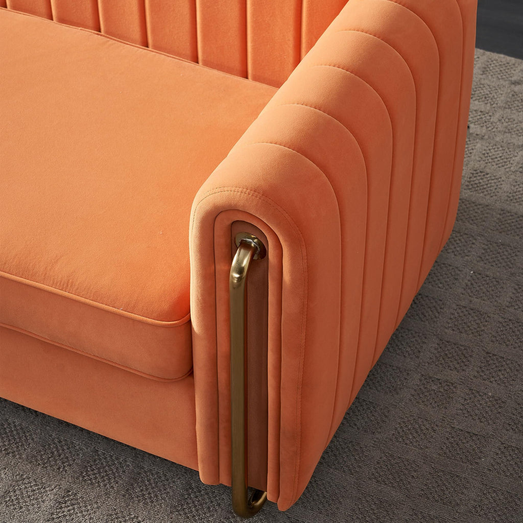 Velvet Sofa Couch, 3-Seater with Channel-Tufted Seats and Gold Steel Legs, Orange L272