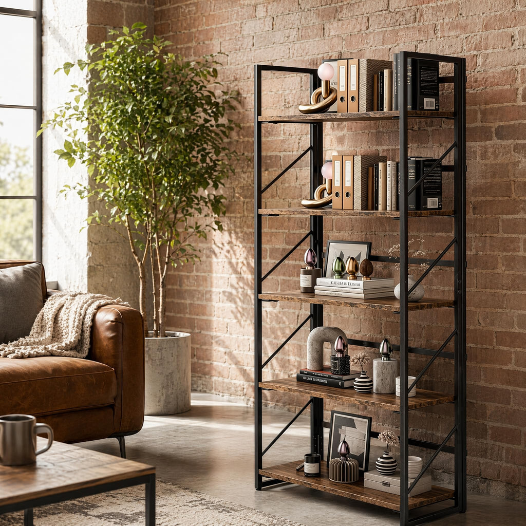 5-Tier Rustic Brown Folding Bookshelf O569