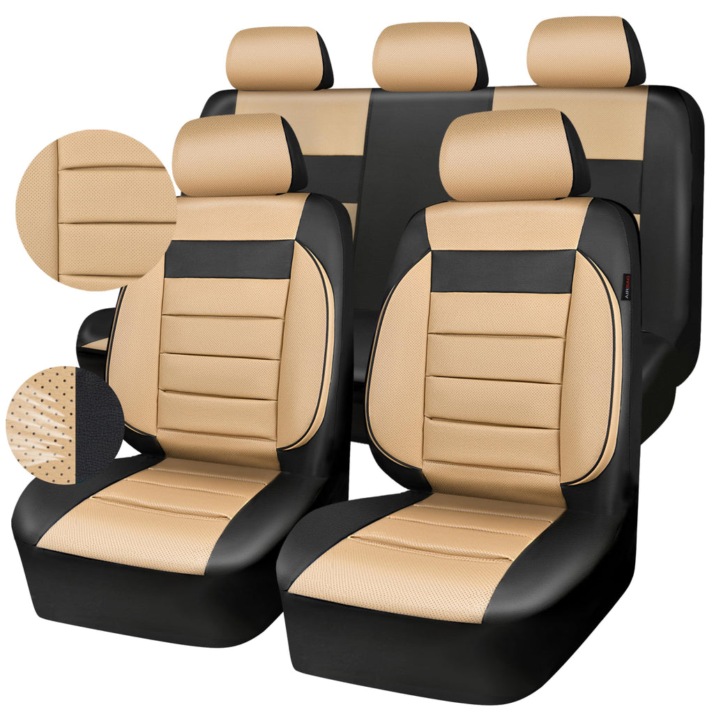 Leather Seat Covers Full Set Universal Water Resistant Beige Black C701876