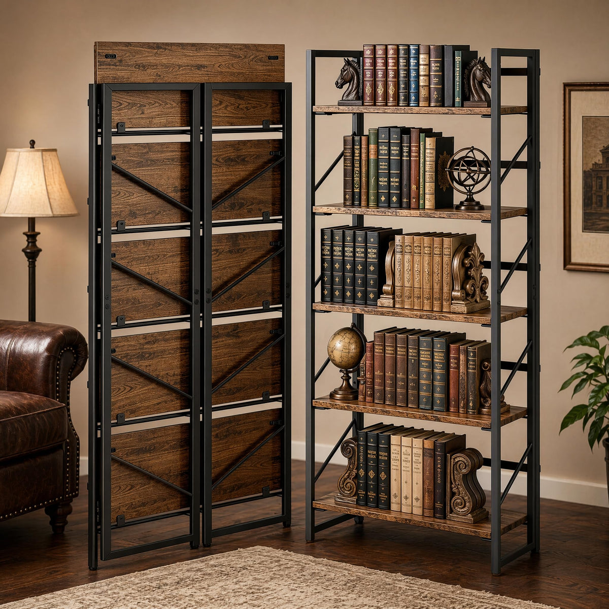 5-Tier Rustic Brown Folding Bookshelf O569